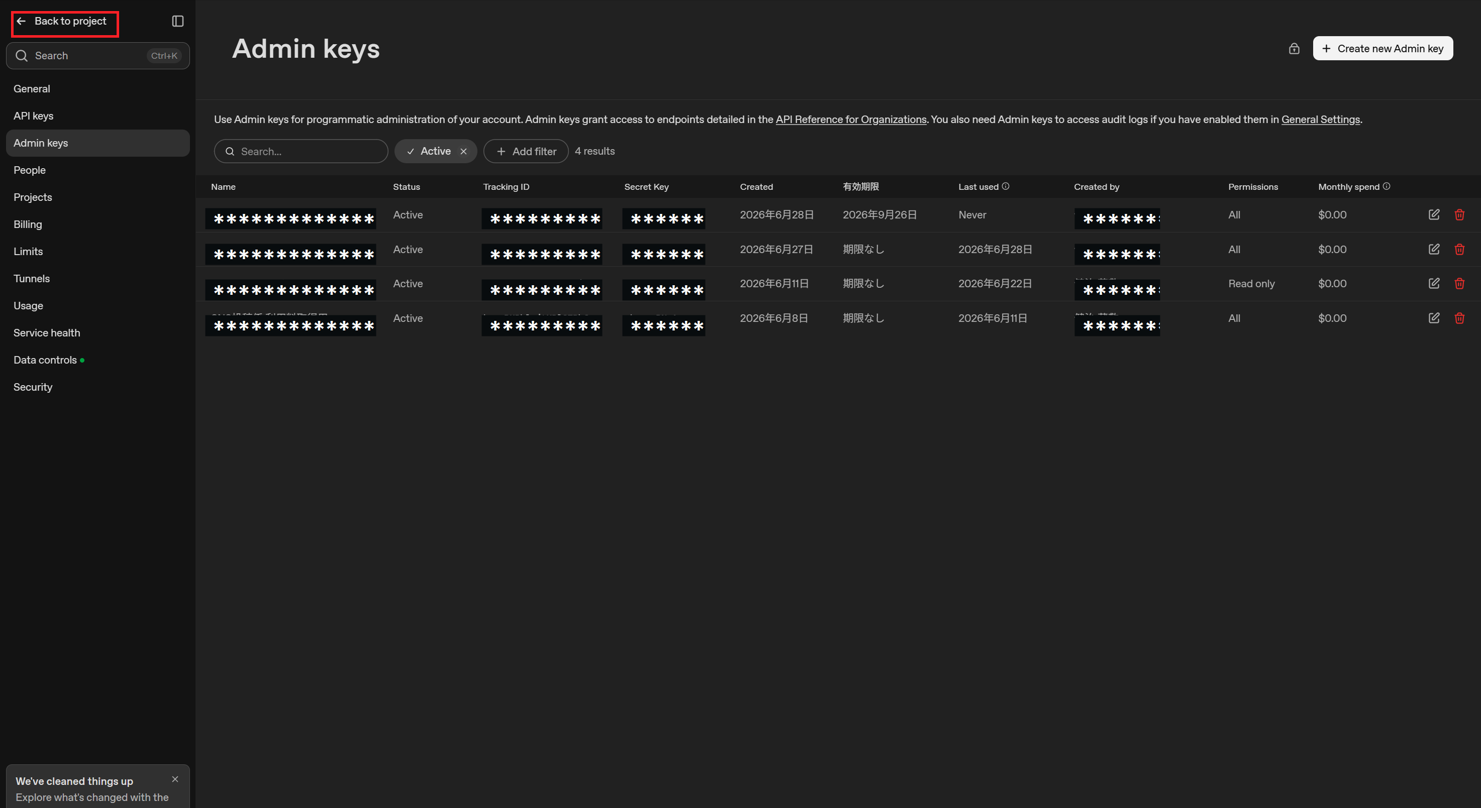 OpenAI Admin keys画面からプロジェクトへ戻る画面