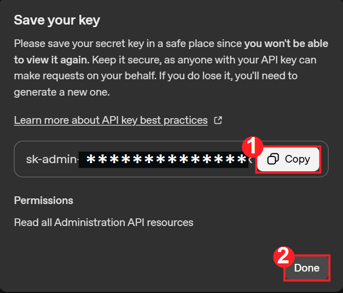 OpenAI Admin Key保存画面でキーをコピーする画面